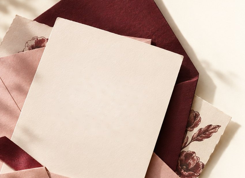 A cream card reading You’re invited, tucked into blush and burgundy envelopes tied with a ribbon